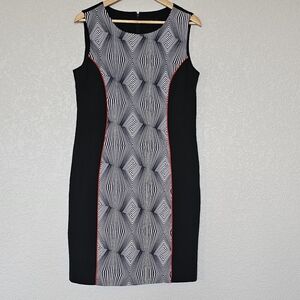 I Le New York Sheath Dress Sleeveless Black White Red Geometric Back Zip sz 10